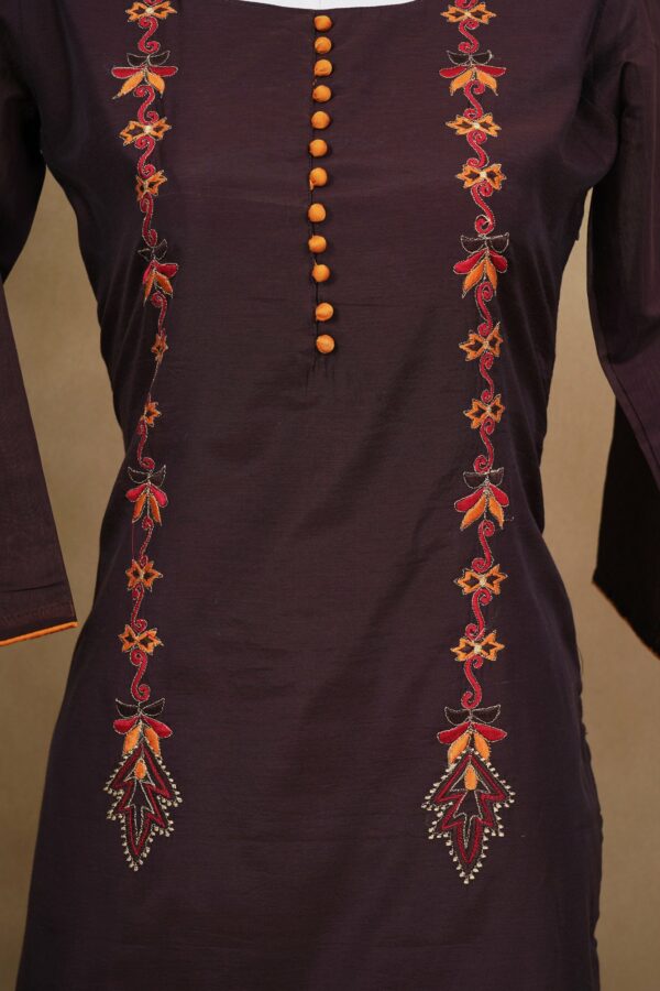 Dark maroon top with dark maroon bottom and brown orange shawl kurti - Image 4