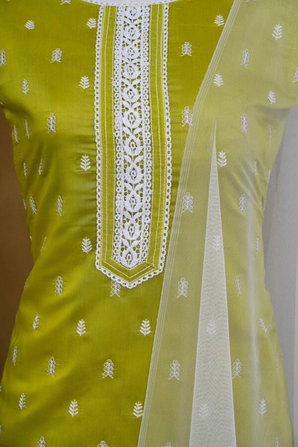 Green design top with white bottom and netted shawl kurti - Image 2