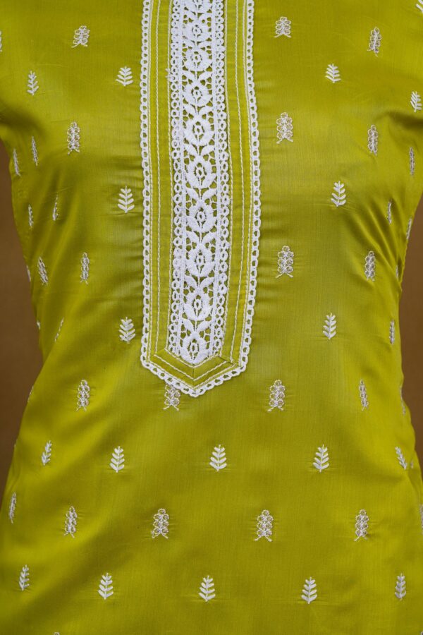 Green design top with white bottom and netted shawl kurti - Image 3