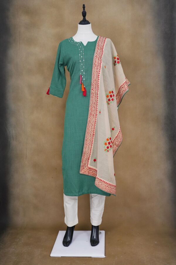 Green top with white bottom and white shawl kurti