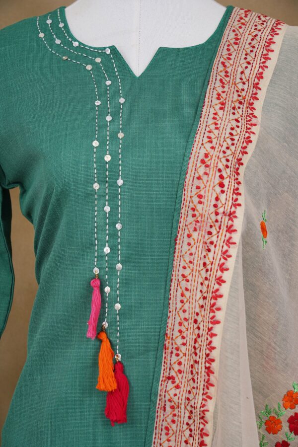 Green top with white bottom and white shawl kurti - Image 2