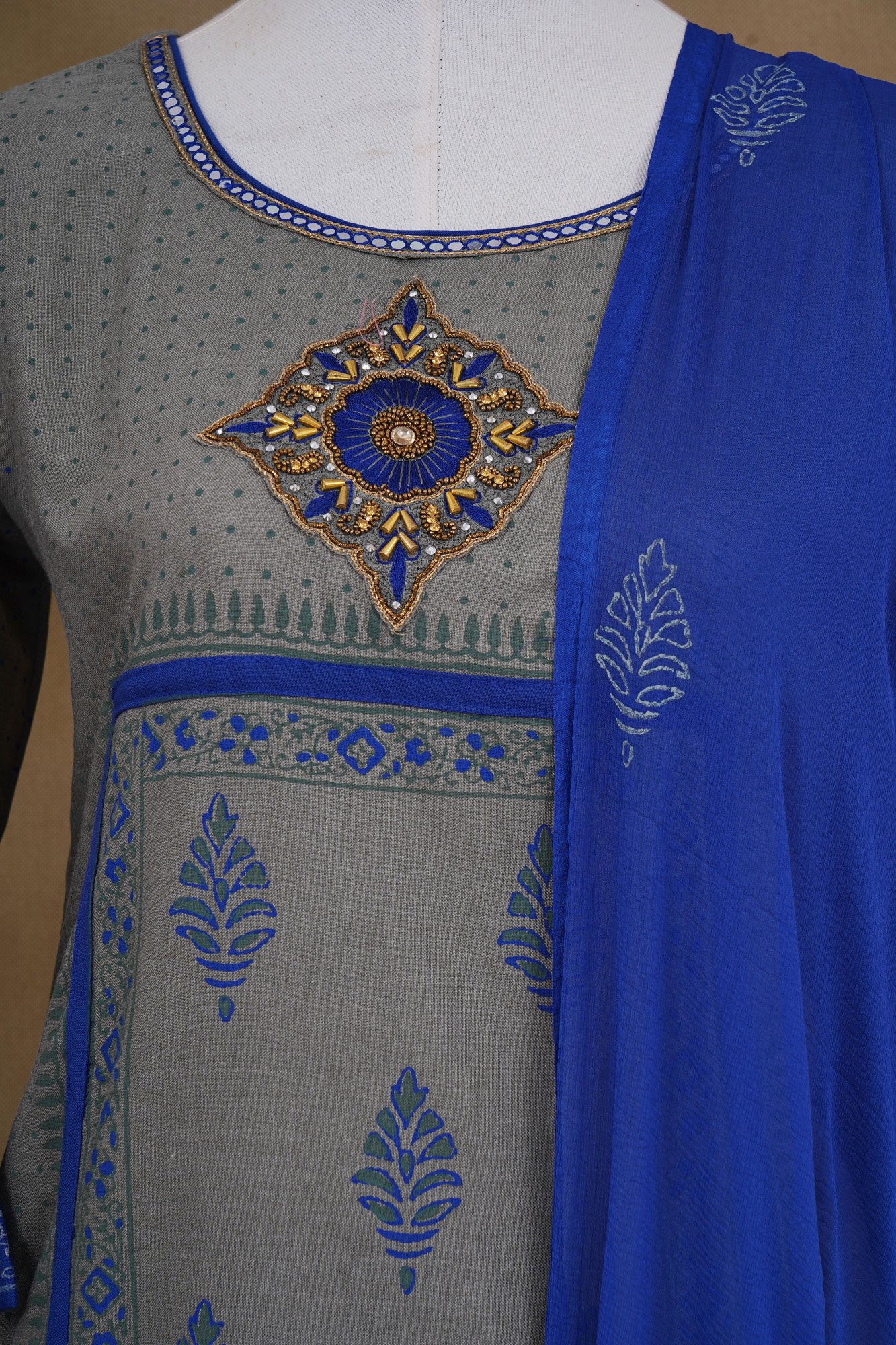 Grey and blue design top with blue bottom and blue shawl kurti - Image 2