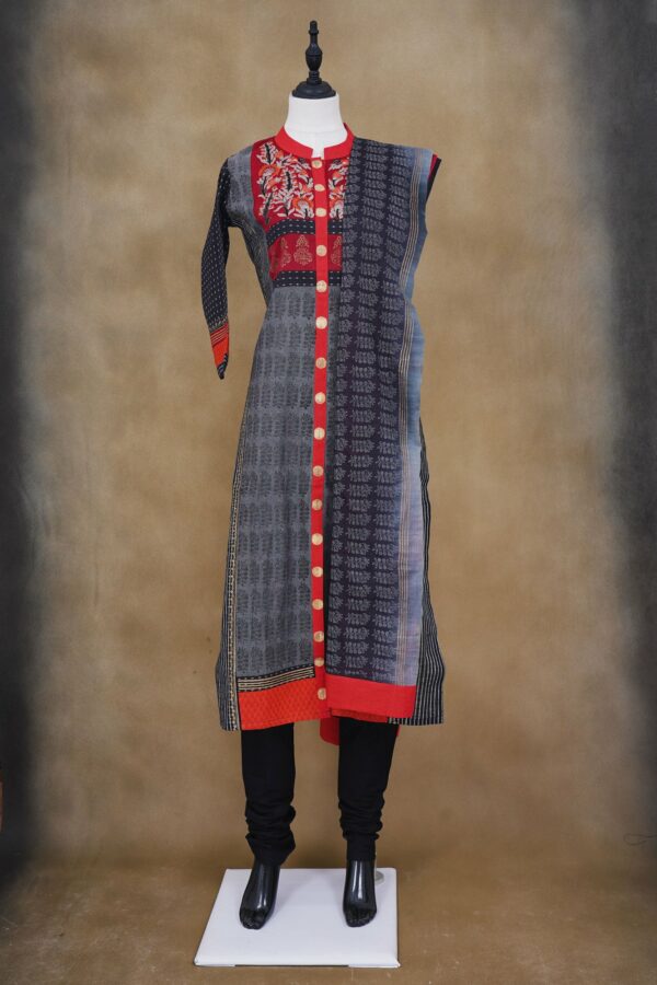 Grey and red design top with black bottom and grey shawl kurti