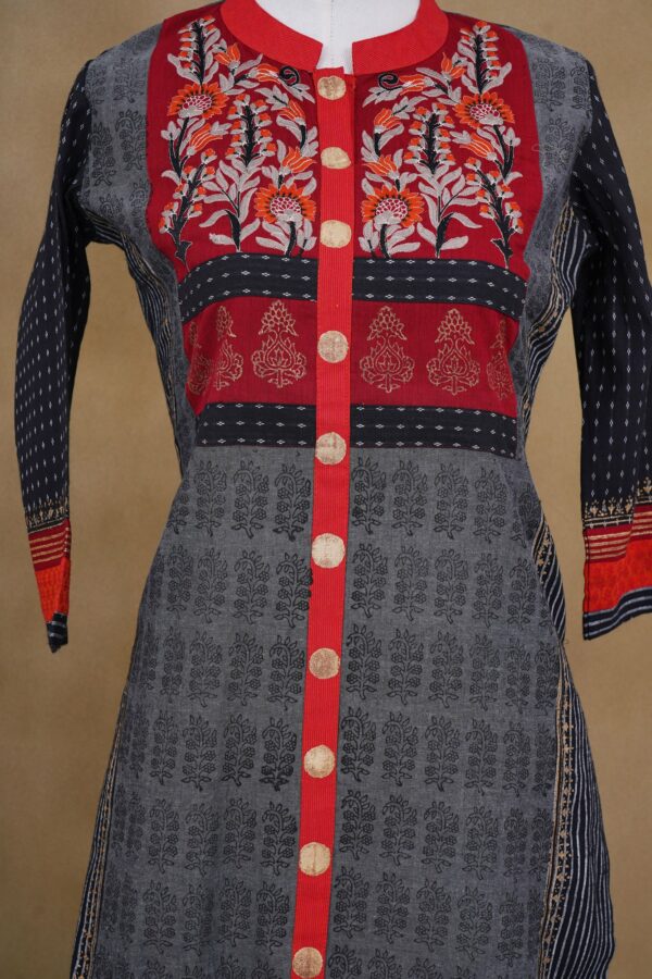 Grey and red design top with black bottom and grey shawl kurti - Image 3