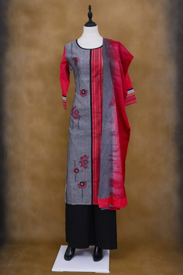 Grey and red top with black palazzo bottom and red shawl kurti