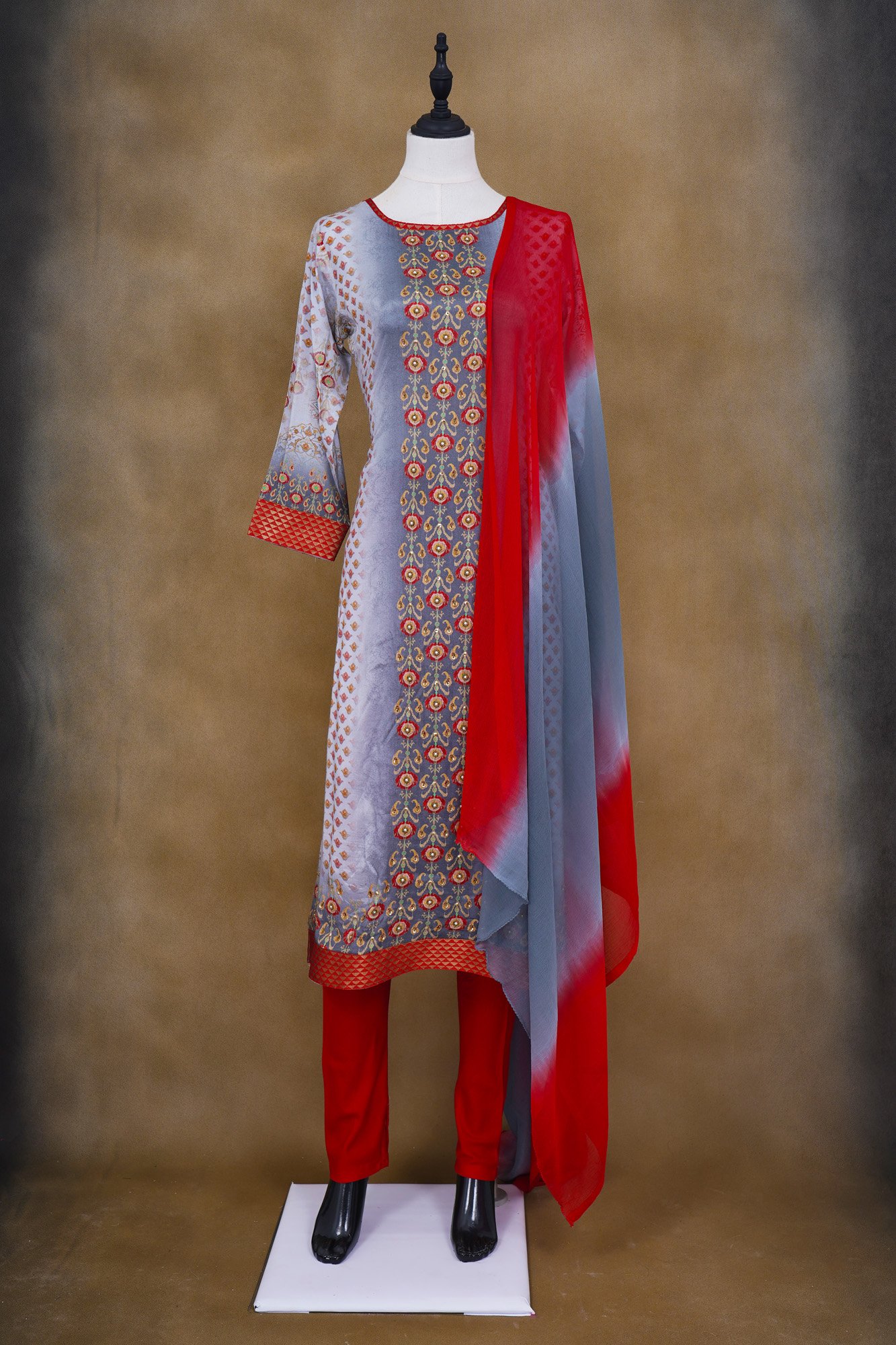 Grey floral design top with red bottom and red grey shawl Kurti