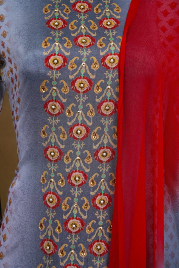 Grey floral design top with red bottom and red grey shawl Kurti - Image 2