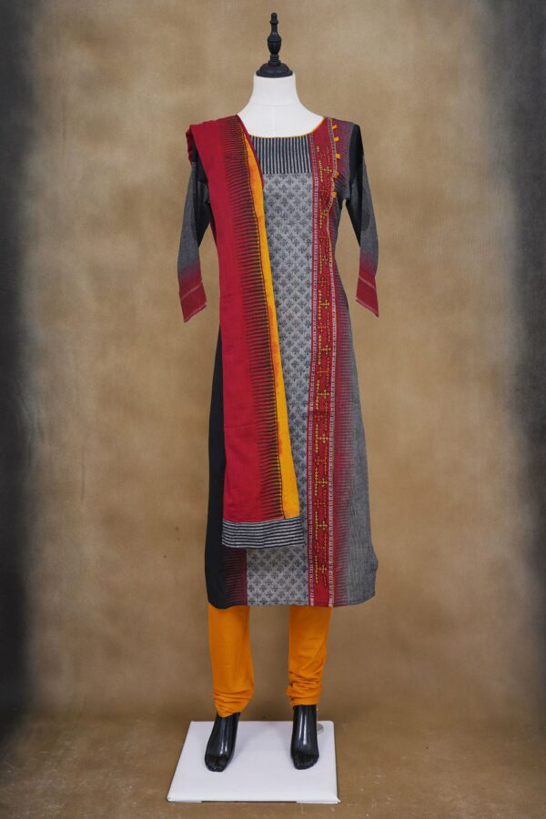 Grey with red design top with orange bottom and red shawl kurti