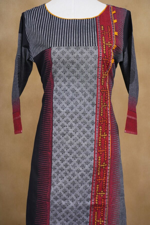 Grey with red design top with orange bottom and red shawl kurti - Image 3