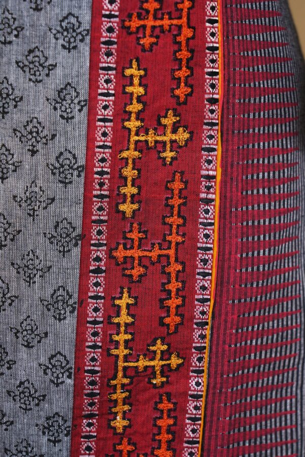 Grey with red design top with orange bottom and red shawl kurti - Image 5