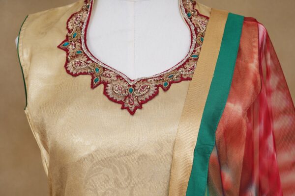 Half white floral design top with maroon palazzo bottom and red and green shawl kurti - Image 2