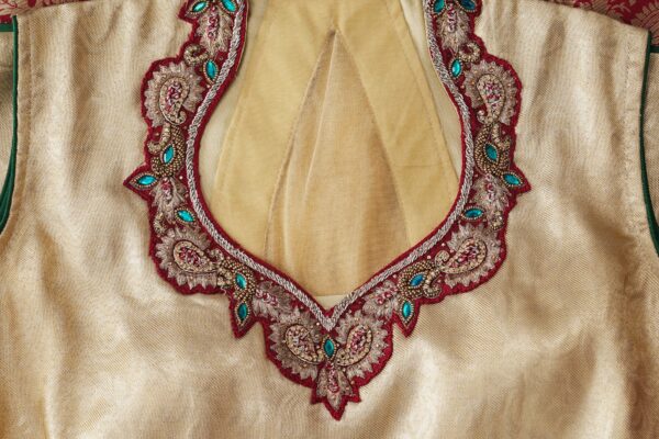 Half white floral design top with maroon palazzo bottom and red and green shawl kurti - Image 6