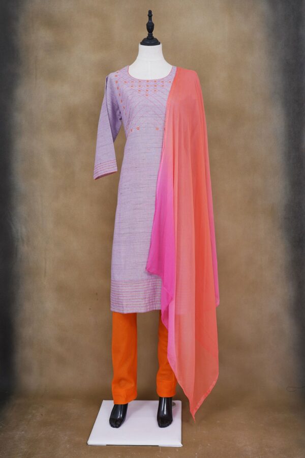 Lavender top with orange bottom and orange shawl kurti
