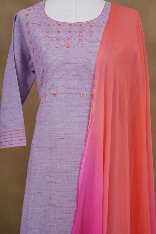 Lavender top with orange bottom and orange shawl kurti - Image 2