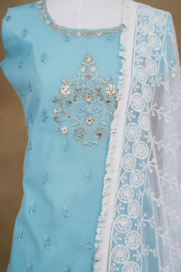 Light blue floral design top with white bottom and white shawl kurti - Image 2