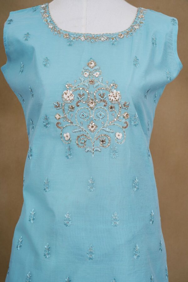 Light blue floral design top with white bottom and white shawl kurti - Image 3
