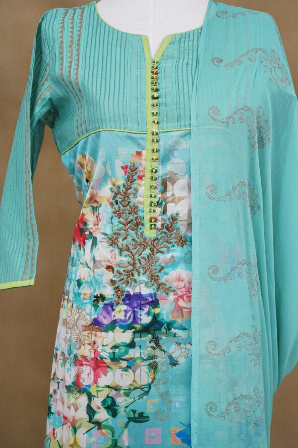 Light blue floral top with light blue bottom and light blue shawl kurti - Image 2