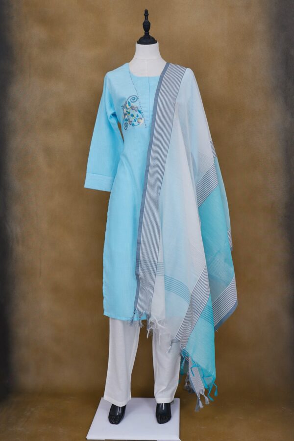 Light blue top with white bottom and light blue shawl kurti
