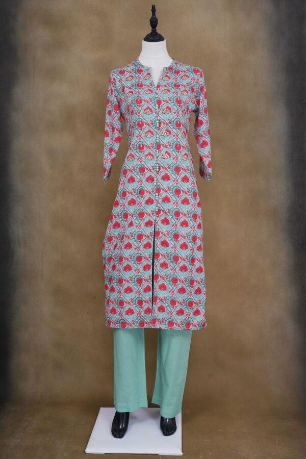 Light blue with red design top and mint green bottom kurti