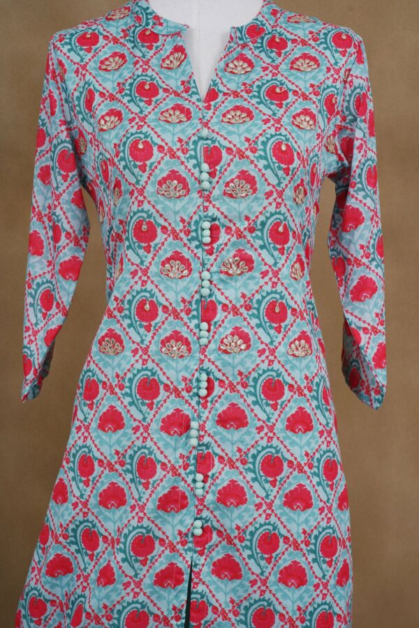 Light blue with red design top and mint green bottom kurti - Image 2