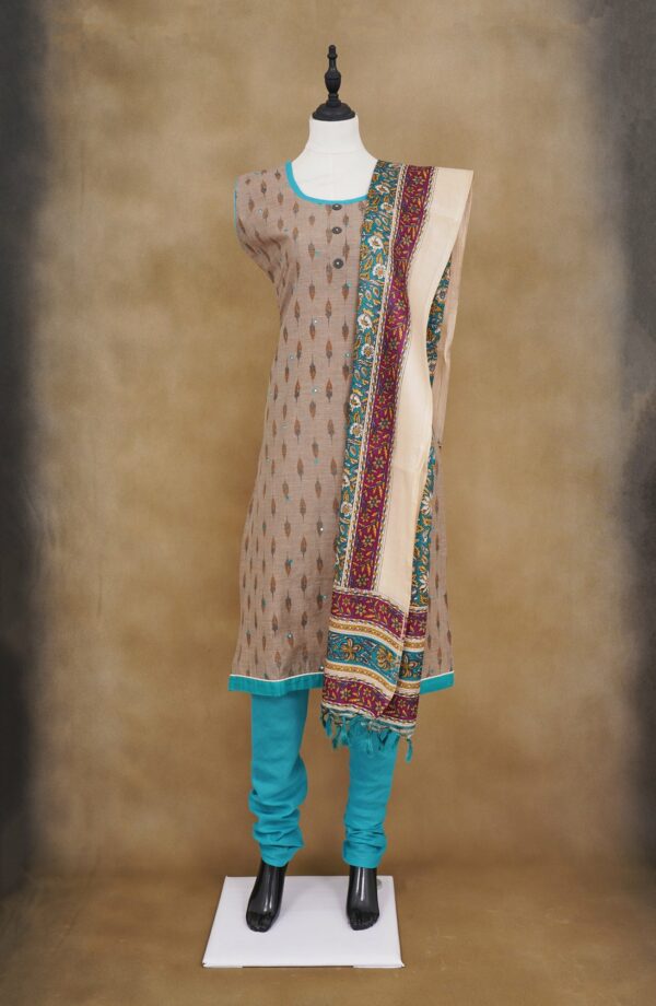 Light brown top with sky blue bottom and white floral shawl kurti