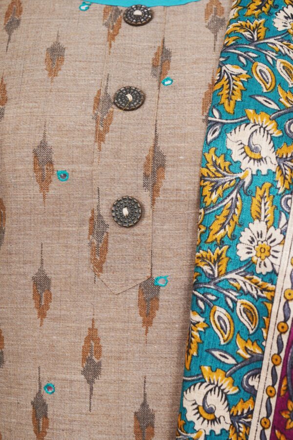 Light brown top with sky blue bottom and white floral shawl kurti - Image 2