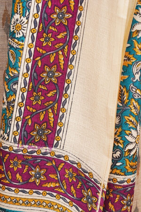 Light brown top with sky blue bottom and white floral shawl kurti - Image 3