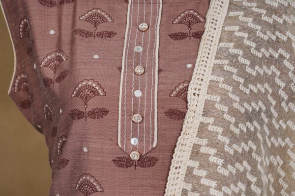 Light brown floral design top with white bottom and white shawl kurti - Image 2