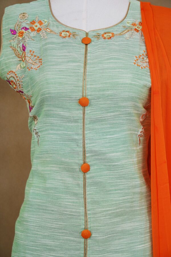 Light green floral design top with orange palazzo and orange shawl kurti - Image 2