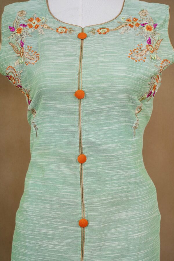 Light green floral design top with orange palazzo and orange shawl kurti - Image 3