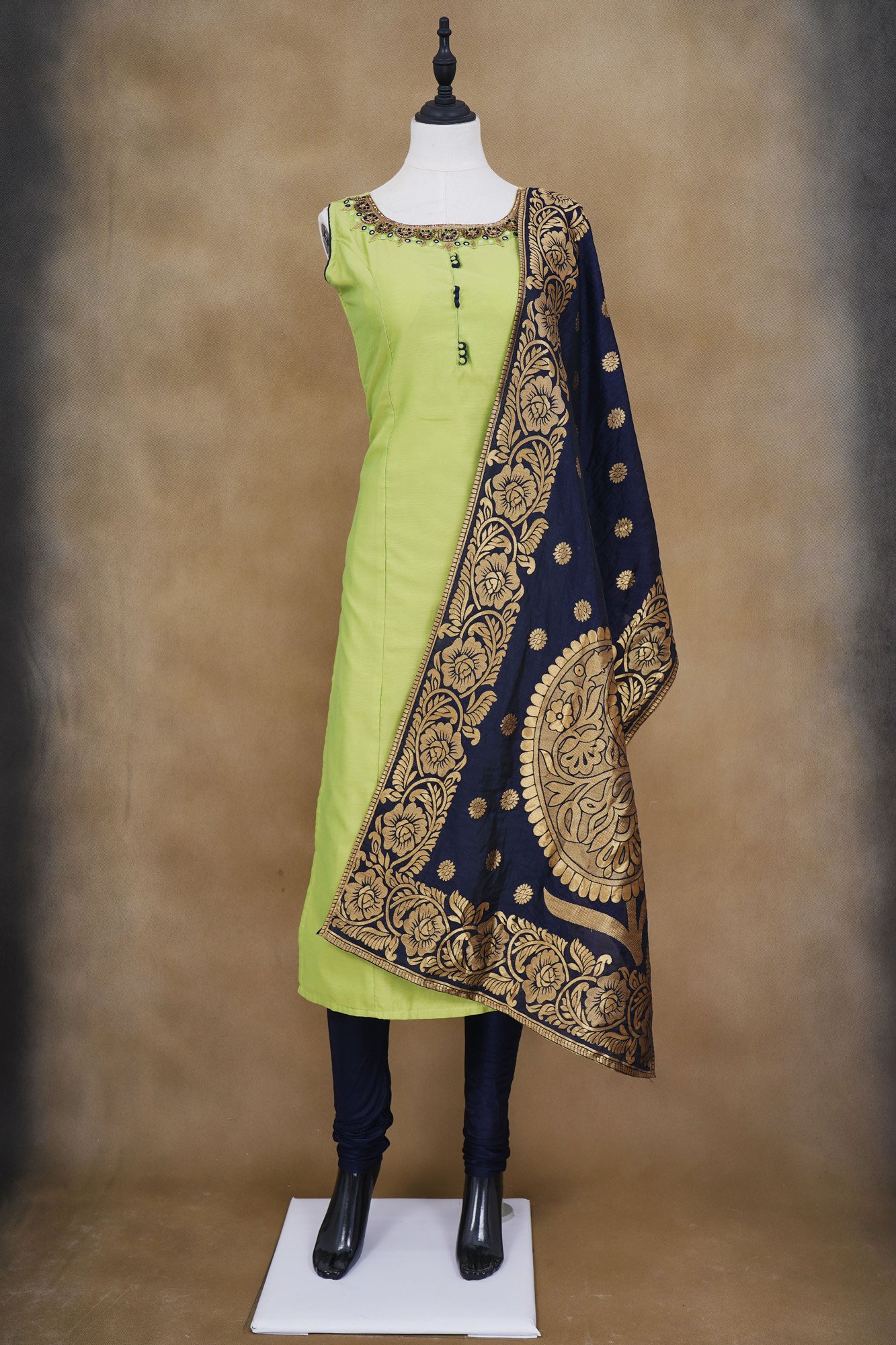 Light Green top with dark blue bottom and dark blue floral shawl kurti