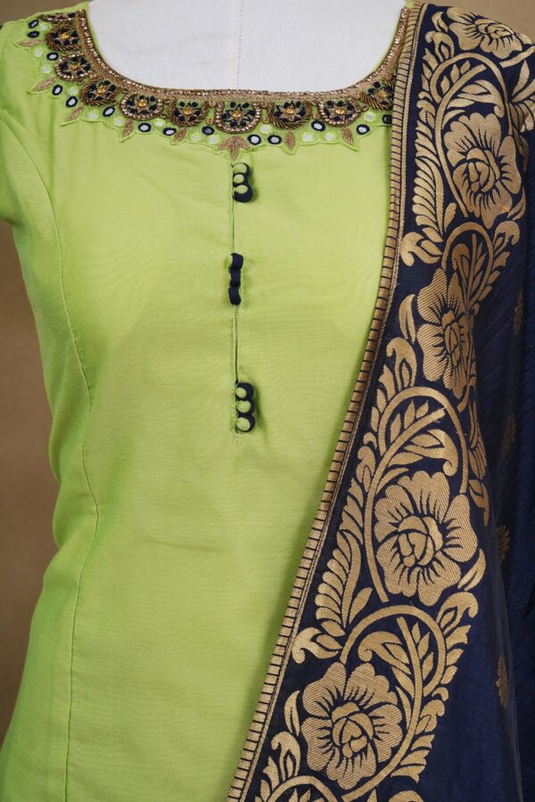Light Green top with dark blue bottom and dark blue floral shawl kurti - Image 2