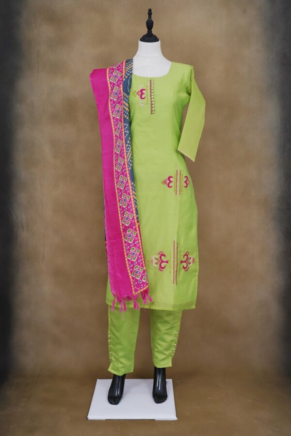 Light green top with light green bottom and magenta pink shawl kurti