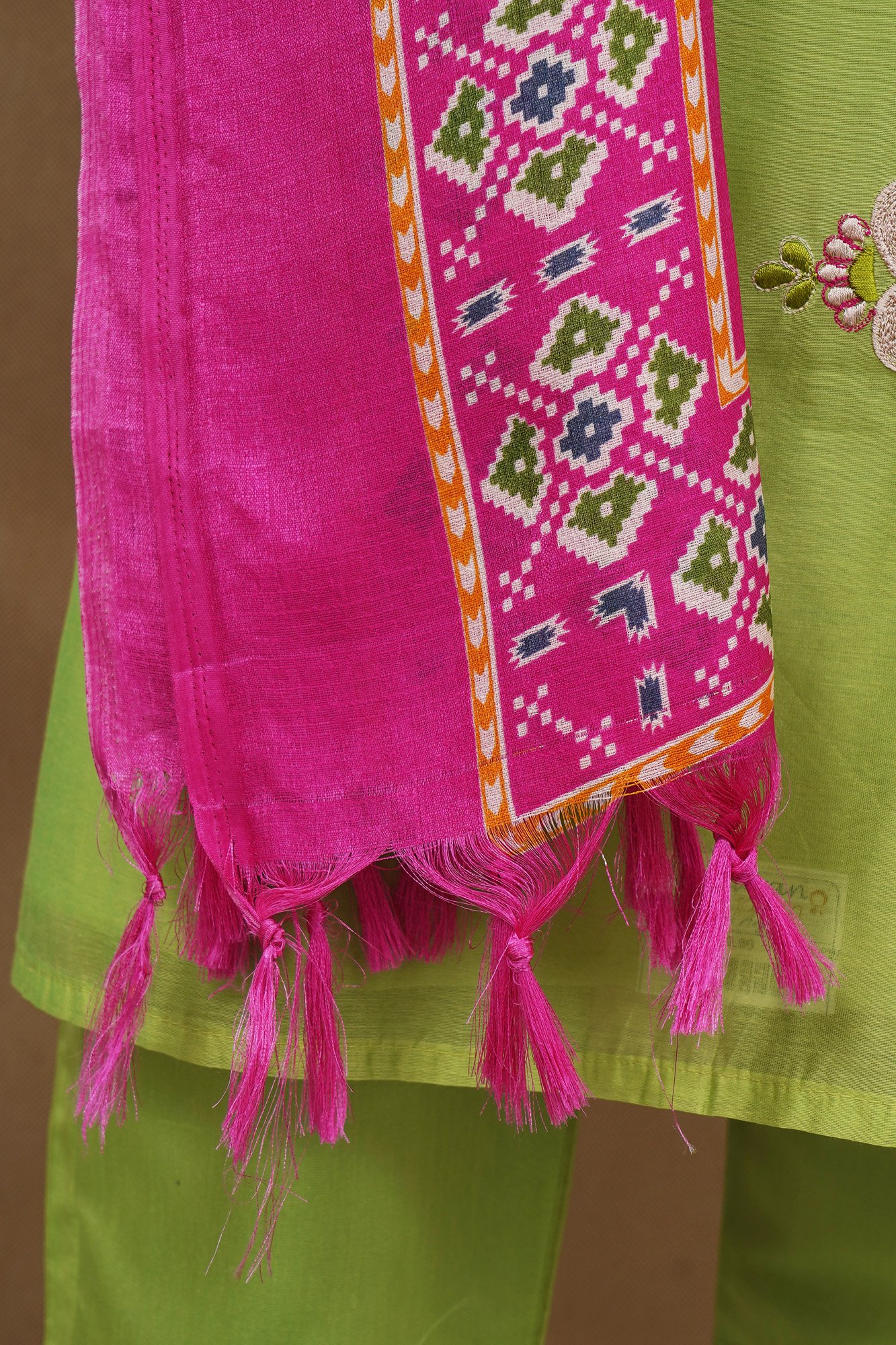 Light green top with light green bottom and magenta pink shawl kurti - Image 6