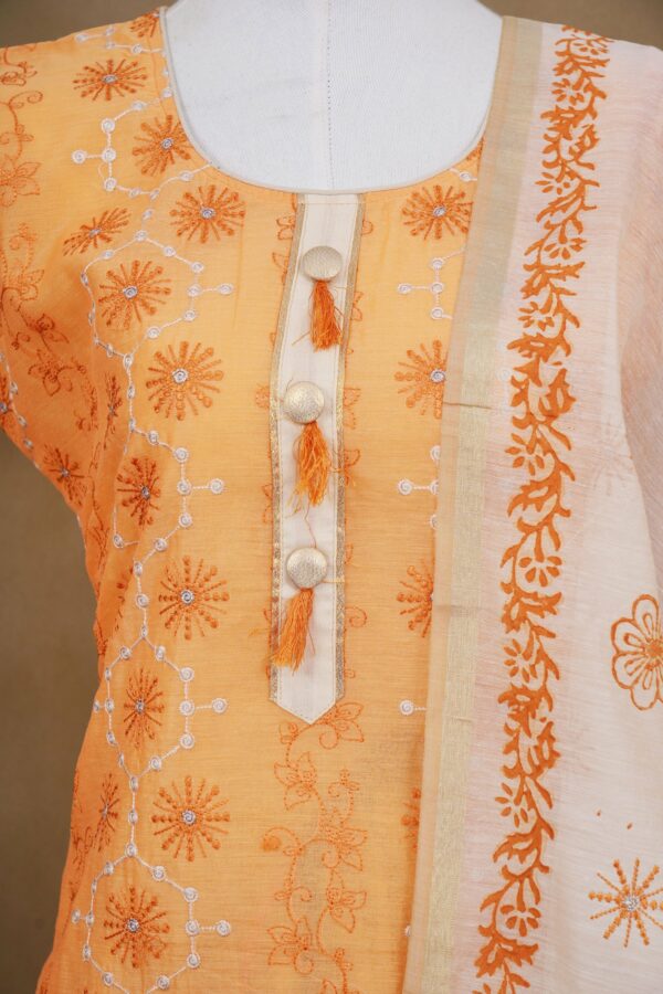 Light orange floral design top with white bottom and white shawl kurti - Image 2