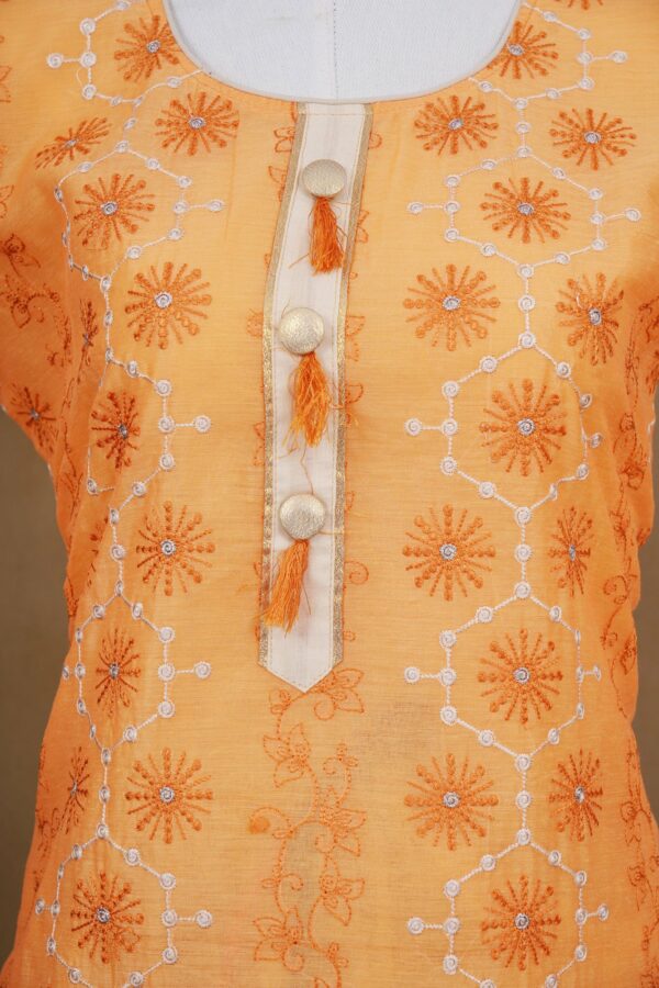 Light orange floral design top with white bottom and white shawl kurti - Image 3