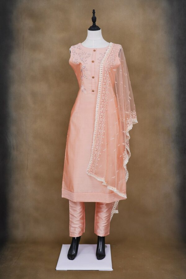 Light pink floral design top with light pink bottom and shawl kurti