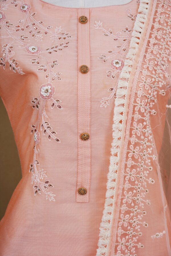 Light pink floral design top with light pink bottom and shawl kurti - Image 2