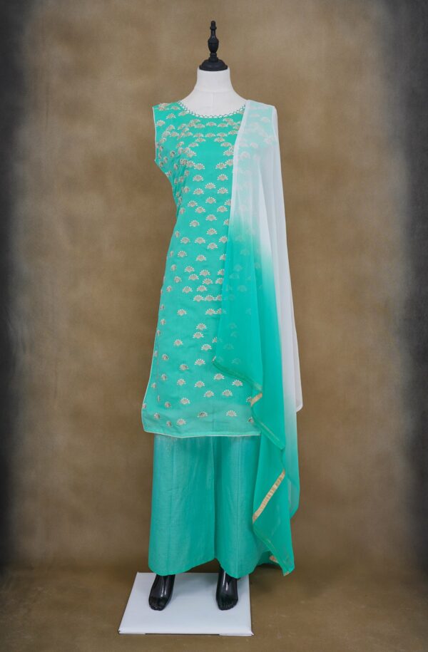 Mint green floral design top with mint green bottom and white shawl kurti