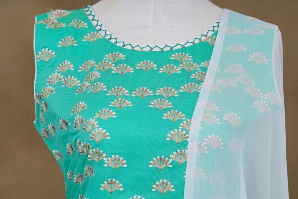 Mint green floral design top with mint green bottom and white shawl kurti - Image 2