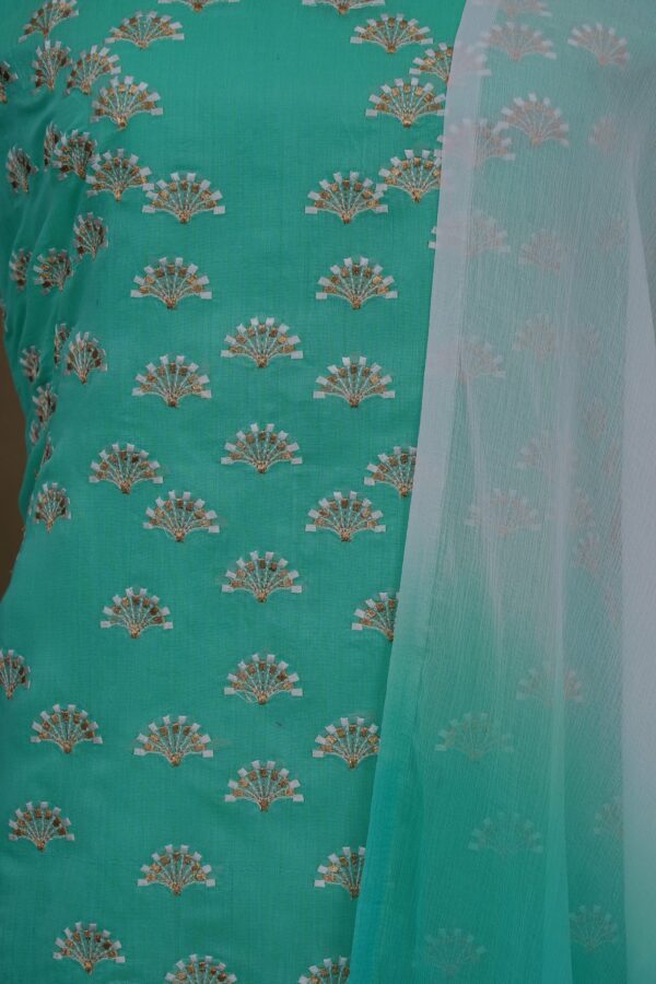 Mint green floral design top with mint green bottom and white shawl kurti - Image 3