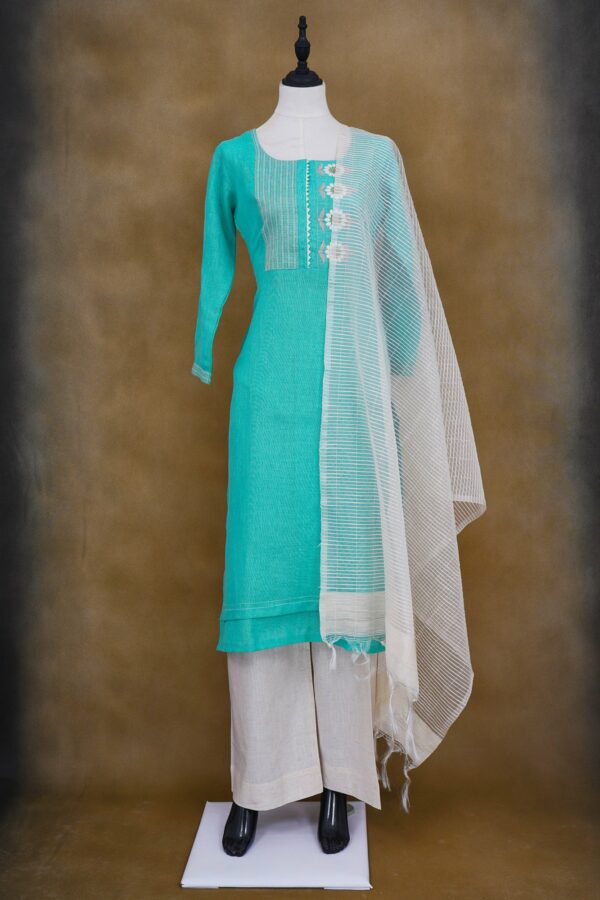 Mint green top with white bottom and white shawl kurti