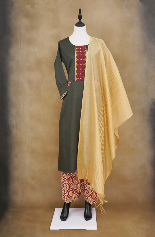 Olive green top with multi colour design bottom and beige shawl kurti