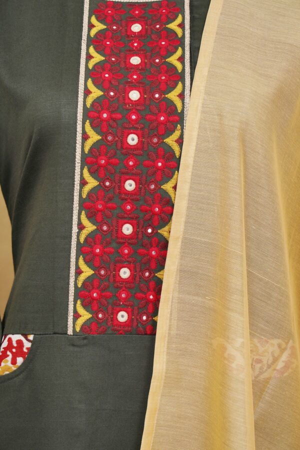Olive green top with multi colour design bottom and beige shawl kurti - Image 2