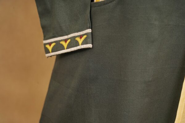 Olive green top with multi colour design bottom and beige shawl kurti - Image 5