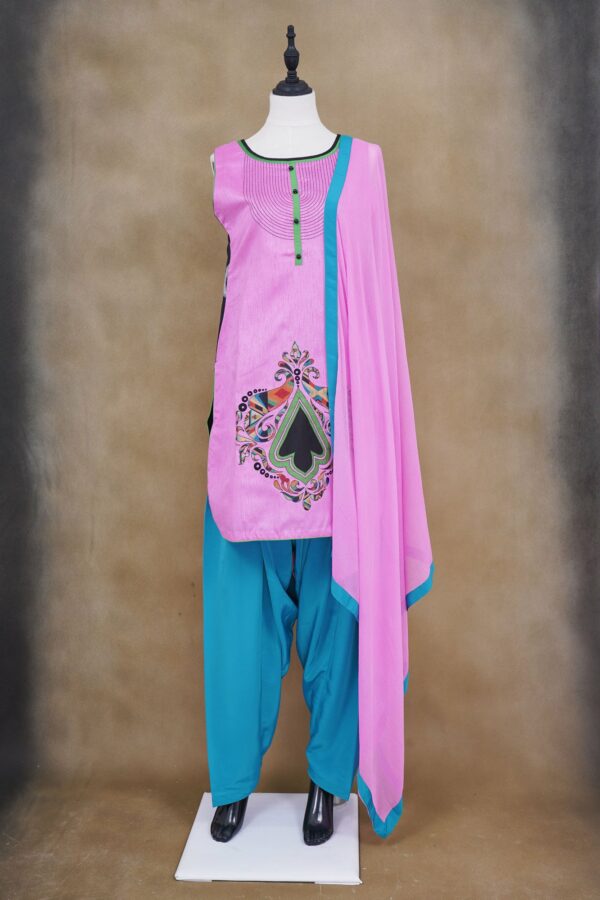 Pink design top with sky blue bottom and pink shawl kurti
