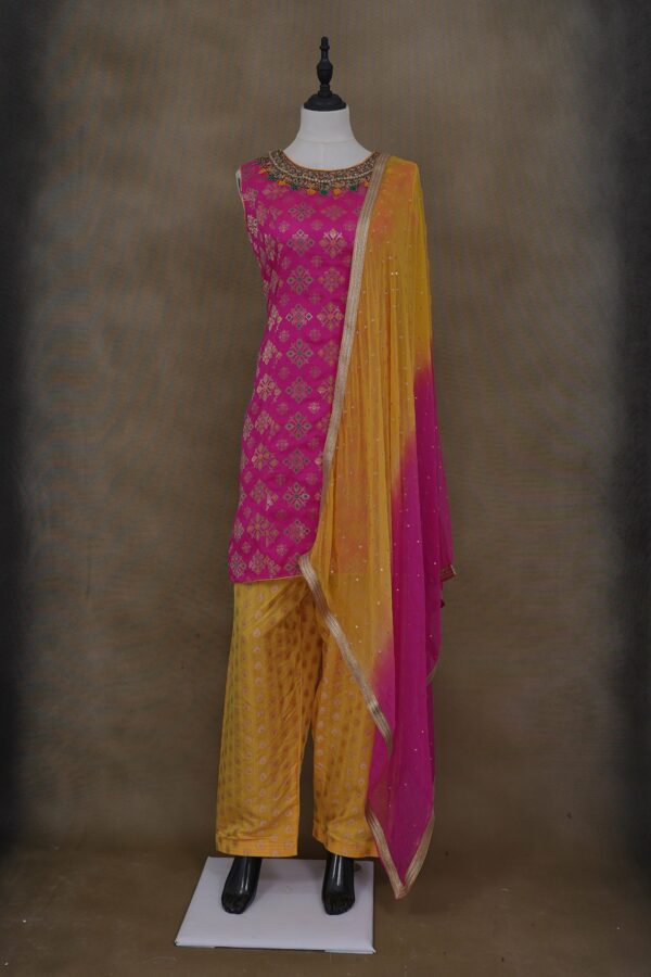 Pink design top with yellow bottom and yellow pink shawl kurti