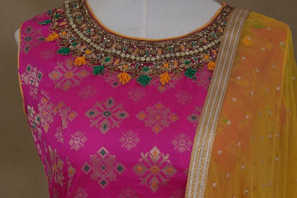 Pink design top with yellow bottom and yellow pink shawl kurti - Image 2