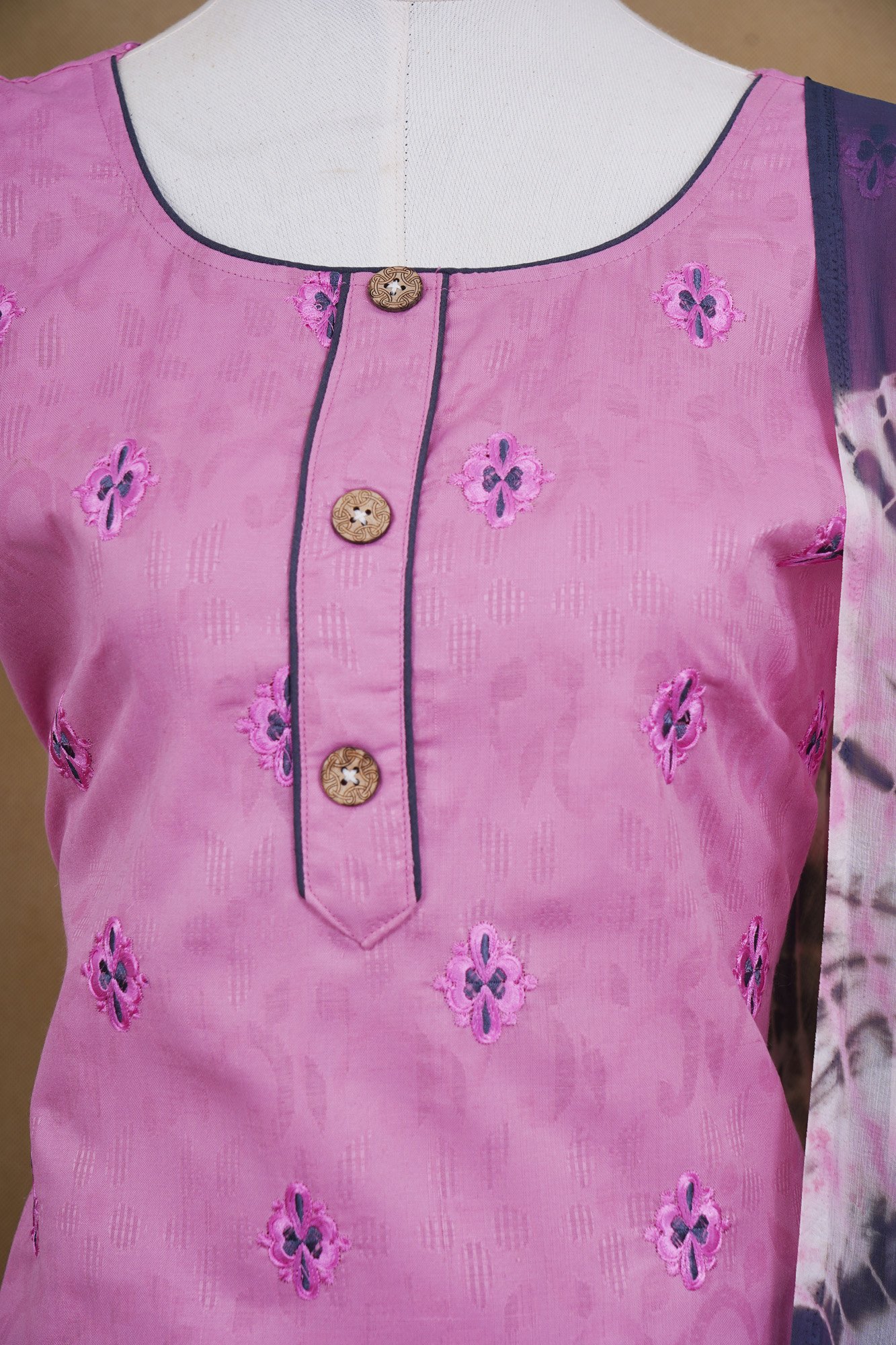 Pink floral design top with grey bottom and grey shawl kurti - Image 2