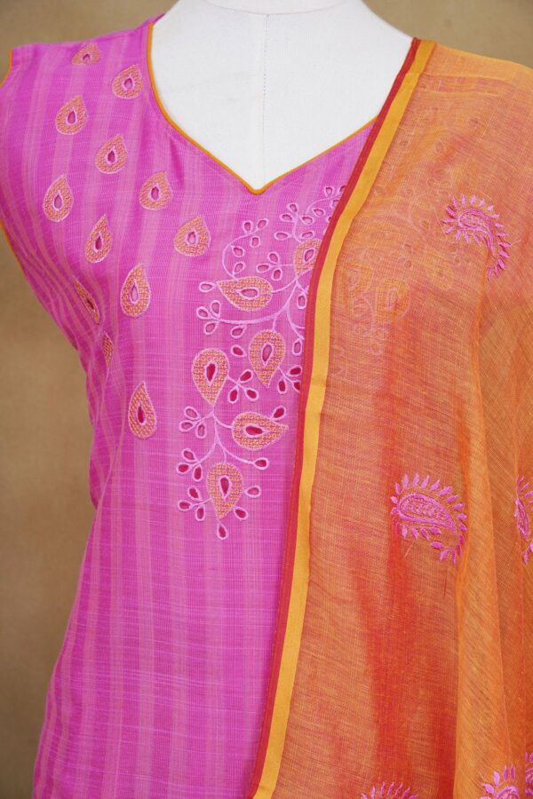 Pink floral design top with orange bottom and orange shawl kurti - Image 2